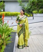 Temple Grace Lime Green Silk Saree with Traditional Green Border - Image 6