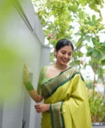 Temple Grace Lime Green Silk Saree with Traditional Green Border - Image 4