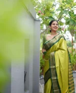 Temple Grace Lime Green Silk Saree with Traditional Green Border - Image 3