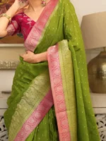 Panna Green Silk Saree with Rani Pink Zari Border & Elegant Motif Weaving – Festive & Wedding Wear - Image 2