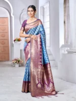 Royal Blue & Purple Banarasi Silk Saree with Heavy Zari Pallu – Luxury Wedding Collection - Image 3