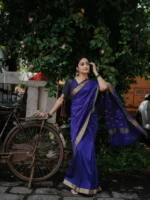 Royal Blue Traditional Silk Saree with Gold Zari Border - Image 4