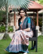 Teal Blue & Blush Pink Floral Woven Silk Saree with Contrast Border – Elegant Festive & Party Wear - Image 4