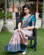 Teal Blue & Blush Pink Floral Woven Silk Saree with Contrast Border – Elegant Festive & Party Wear - Image 3