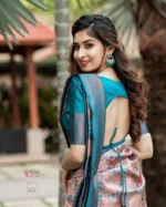 Teal Blue & Blush Pink Floral Woven Silk Saree with Contrast Border – Elegant Festive & Party Wear - Image 2