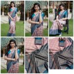 Teal Blue & Blush Pink Floral Woven Silk Saree with Contrast Border – Elegant Festive & Party Wear - Image 6