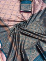 Teal Blue & Blush Pink Floral Woven Silk Saree with Contrast Border – Elegant Festive & Party Wear - Image 7