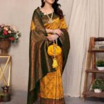 Mustard Gold Silk Saree with Bottle Green Rich Zari Pallu – Premium Wedding & Festive Wear