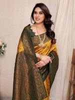 Mustard Gold Silk Saree with Bottle Green Rich Zari Pallu – Premium Wedding & Festive Wear - Image 5