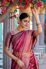 Royal Rani Pink Silk Saree with Heavy Gold Zari Weaving - Image 6