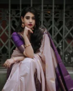 Classic Contrast Cream & Purple Zari Border Silk Saree – Festive Wear - Image 6