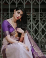 Classic Contrast Cream & Purple Zari Border Silk Saree – Festive Wear - Image 4