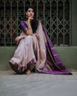 Classic Contrast Cream & Purple Zari Border Silk Saree – Festive Wear - Image 3