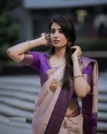 Classic Contrast Cream & Purple Zari Border Silk Saree – Festive Wear - Image 2