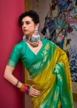 Regal Fusion Premium Silk Saree – Mustard & Emerald - Image 4
