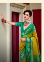 Regal Fusion Premium Silk Saree – Mustard & Emerald - Image 3