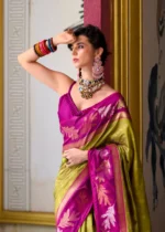 Regal Fusion Premium Silk Saree – Mustard & Emerald - Image 5