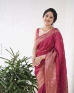 Rani Pink Zari Woven Festive Silk Saree with Rich Gold Border - Image 4