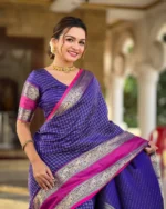 Royal Purple Banarasi Silk Saree with Contrast Pink Zari Border – Wedding & Festive Wear - Image 8