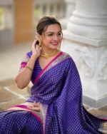 Royal Purple Banarasi Silk Saree with Contrast Pink Zari Border – Wedding & Festive Wear - Image 7