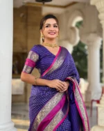 Royal Purple Banarasi Silk Saree with Contrast Pink Zari Border – Wedding & Festive Wear - Image 6