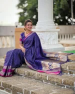 Royal Purple Banarasi Silk Saree with Contrast Pink Zari Border – Wedding & Festive Wear - Image 3