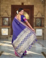 Royal Purple Banarasi Silk Saree with Contrast Pink Zari Border – Wedding & Festive Wear - Image 2