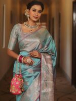 Royal Blue Banarasi Silk Saree with Heavy Gold Zari Border – Luxury Wedding Wear - Image 8