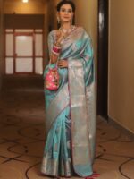 Royal Blue Banarasi Silk Saree with Heavy Gold Zari Border – Luxury Wedding Wear - Image 7