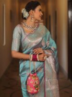 Royal Blue Banarasi Silk Saree with Heavy Gold Zari Border – Luxury Wedding Wear - Image 6