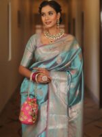 Royal Blue Banarasi Silk Saree with Heavy Gold Zari Border – Luxury Wedding Wear - Image 4