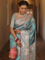 Royal Blue Banarasi Silk Saree with Heavy Gold Zari Border – Luxury Wedding Wear - Image 2