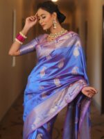 Royal Blue Banarasi Silk Saree with Heavy Gold Zari Border – Luxury Wedding Wear - Image 29