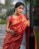 Festive Royale Orange Silk Saree with Pink Woven Floral Motifs - Image 6