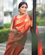 Festive Royale Orange Silk Saree with Pink Woven Floral Motifs - Image 5