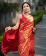 Festive Royale Orange Silk Saree with Pink Woven Floral Motifs - Image 4