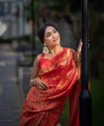 Festive Royale Orange Silk Saree with Pink Woven Floral Motifs - Image 3