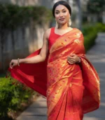 Festive Royale Orange Silk Saree with Pink Woven Floral Motifs - Image 2